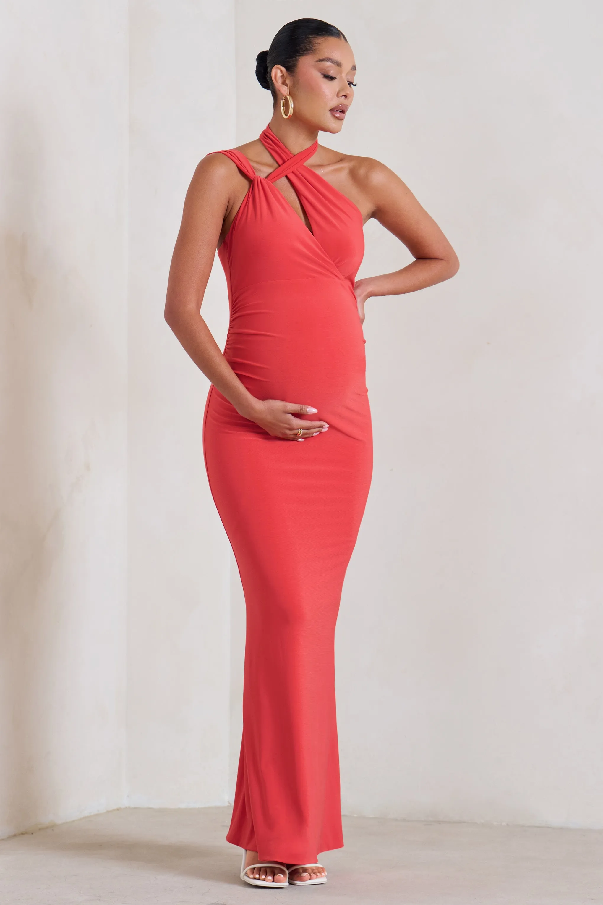 Alba | Coral Maternity Halter Asymmetric Maxi Dress with Cut Out