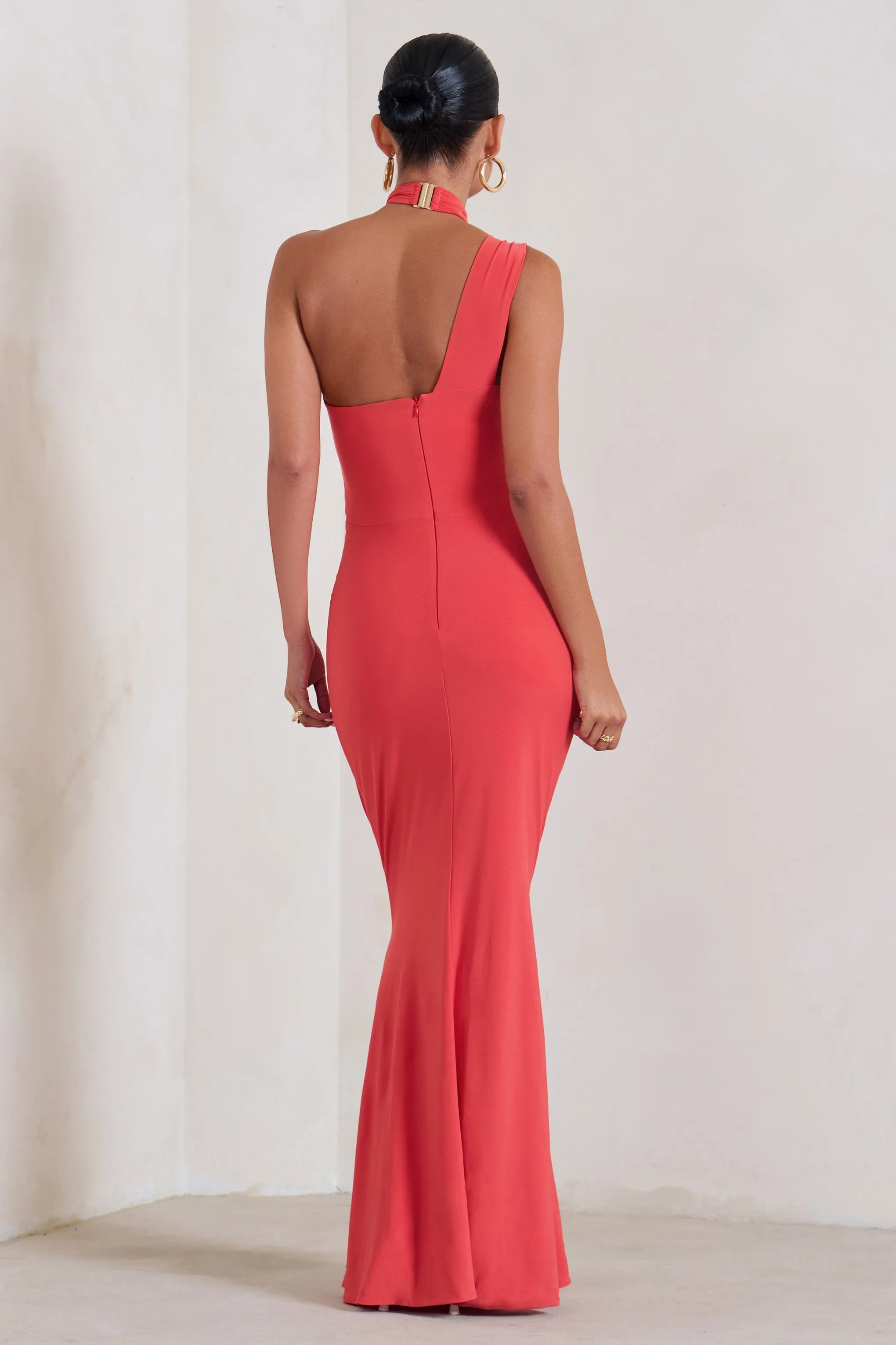 Alba | Coral Maternity Halter Asymmetric Maxi Dress with Cut Out