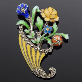 Antique Sterling Silver Enamel Marcasite Floral Brooch Pin