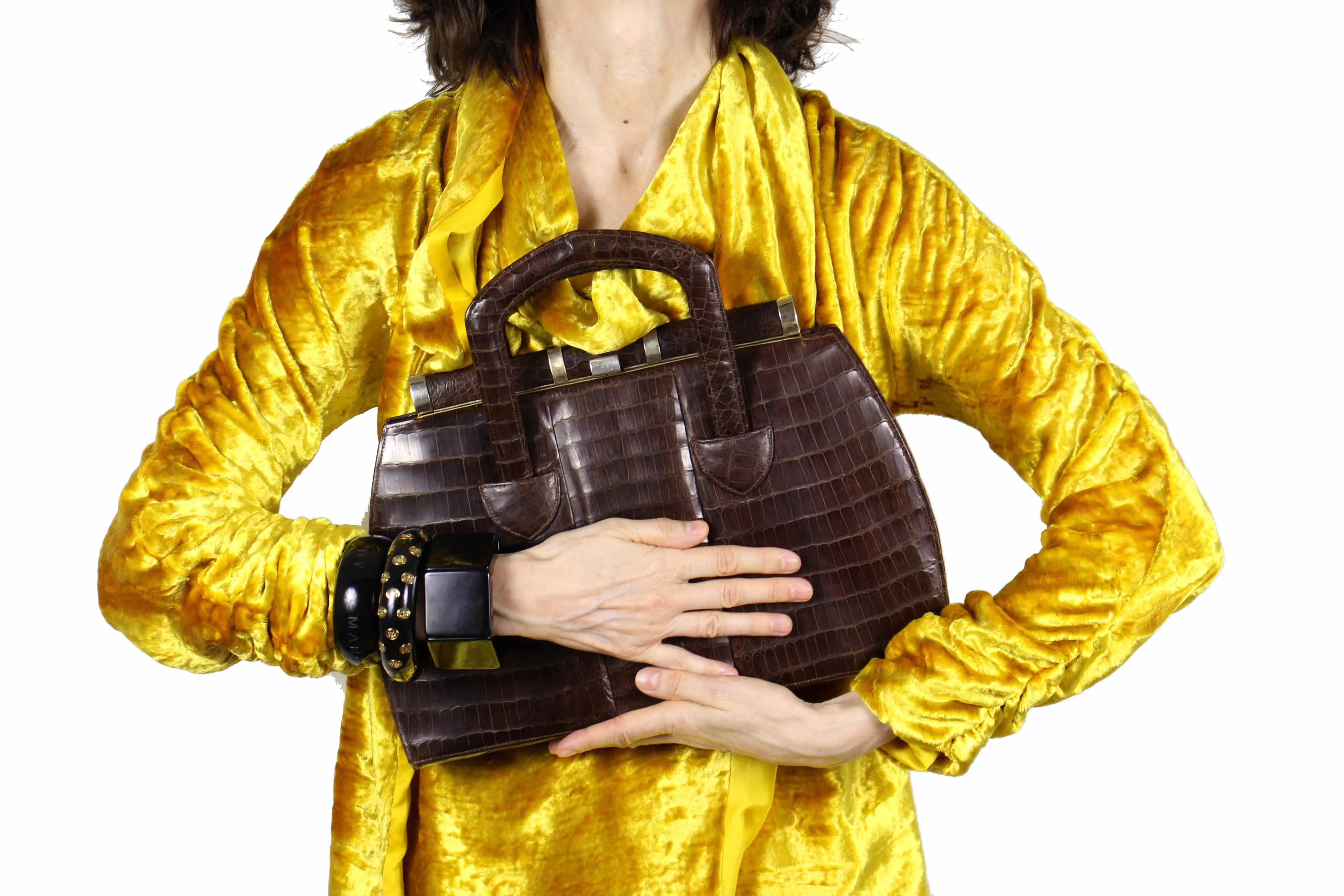 Art deco brown crocodile skin handbag with sliding handles