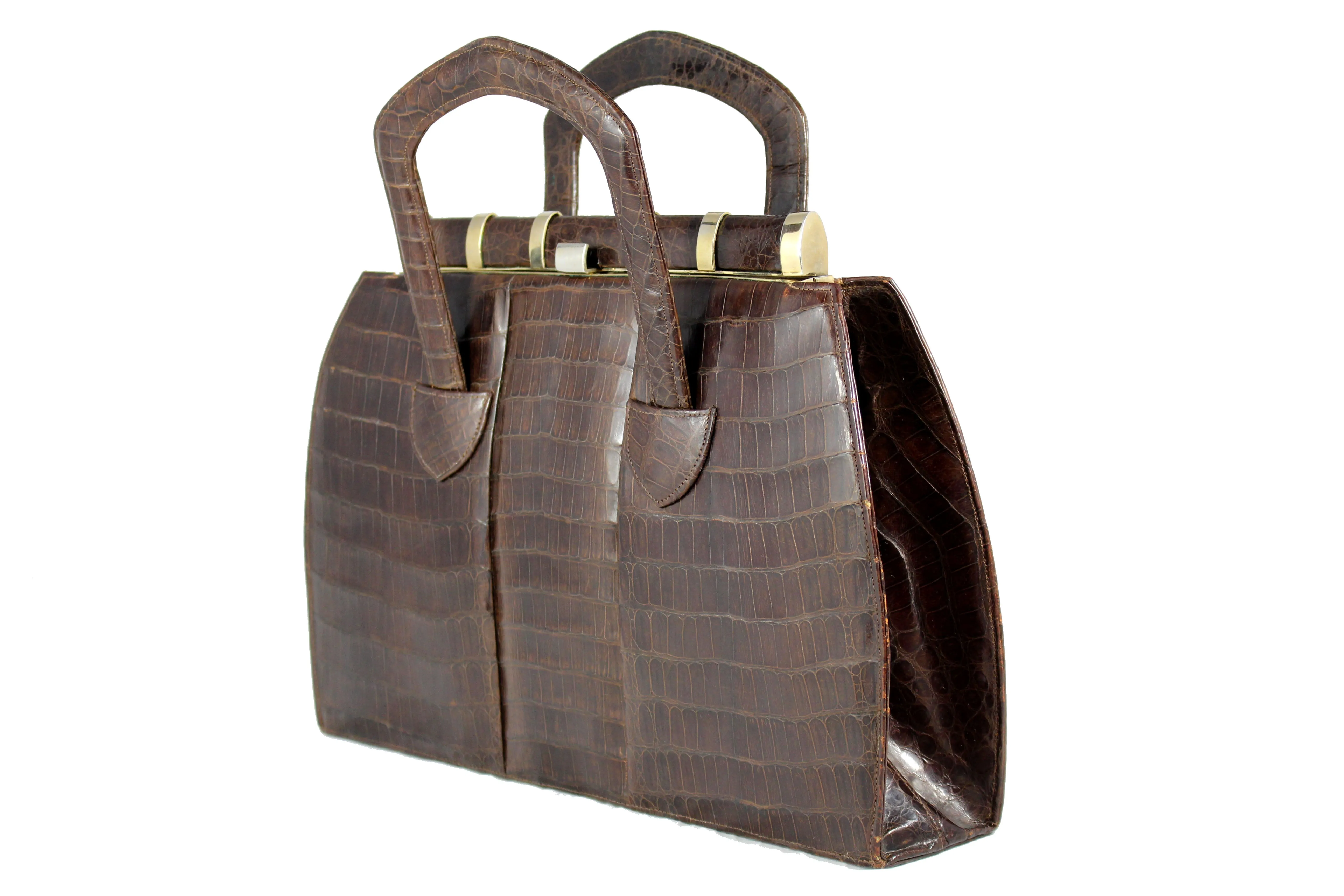 Art deco brown crocodile skin handbag with sliding handles