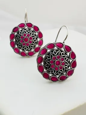 Attractive Pink Color Floral Design Silver Oxidized Earrings For Women