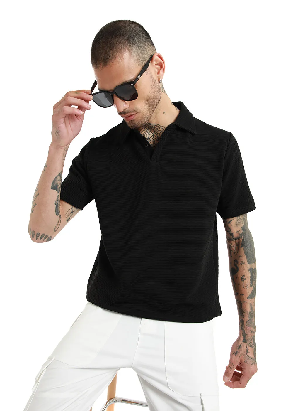 Black Textured Polo Tshirt