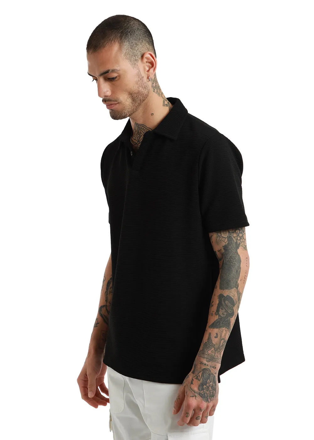 Black Textured Polo Tshirt