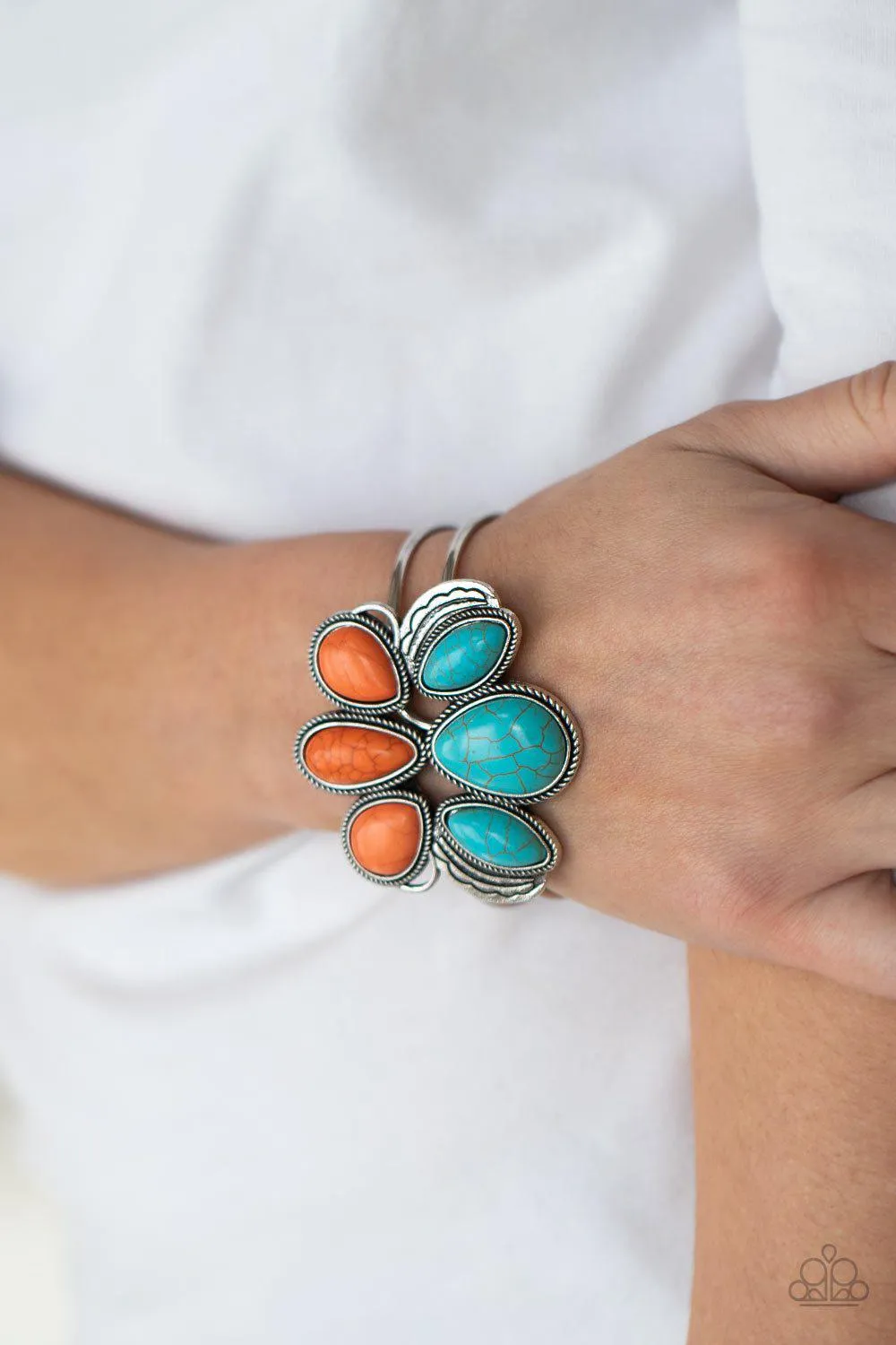 Botanical Badlands Orange and Turquoise Blue Stone Hinged Cuff Bracelet - Paparazzi Accessories