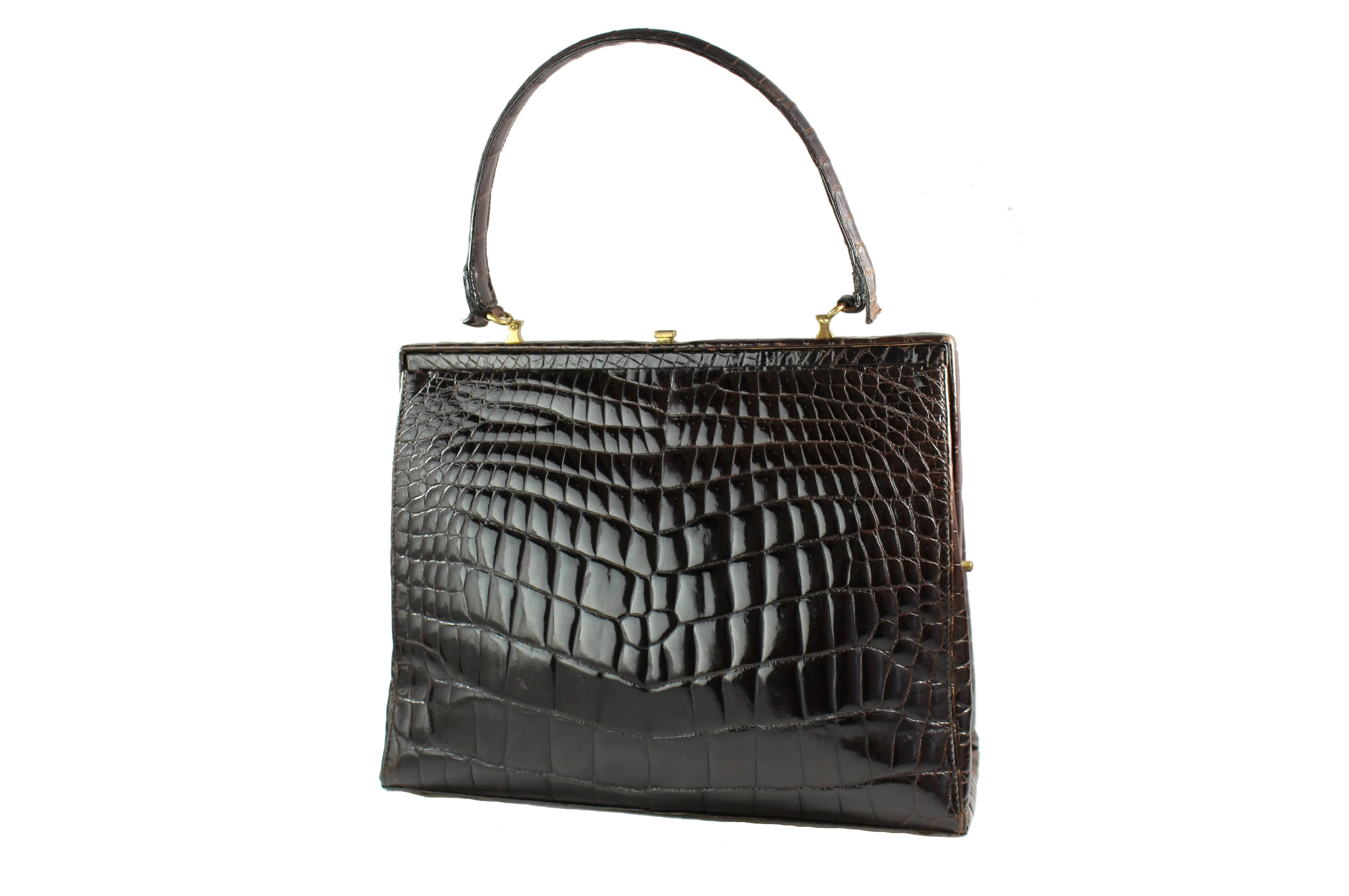 Brown double hornback baby crocodile skin handbag