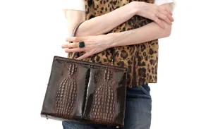 Brown double hornback baby crocodile skin handbag