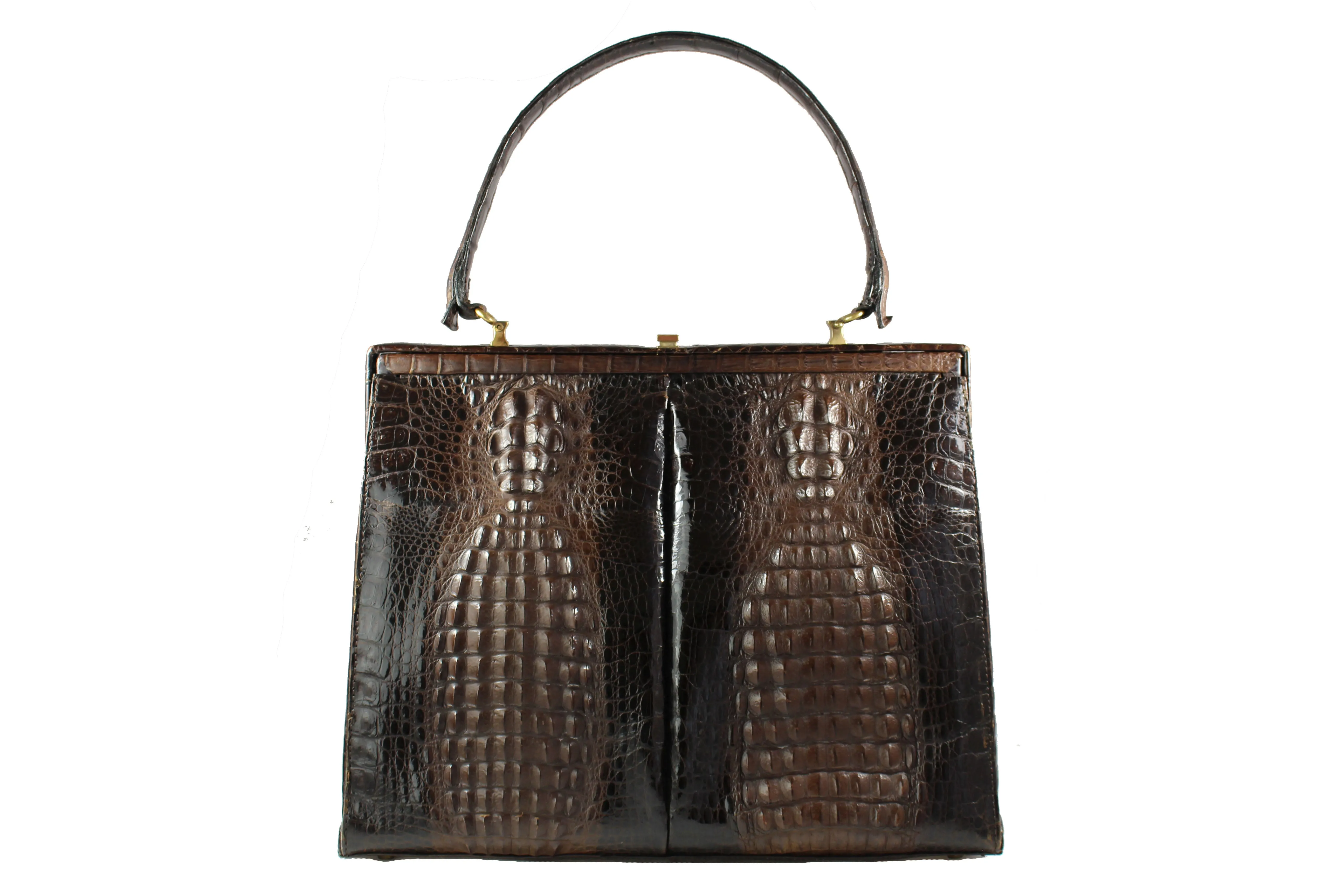 Brown double hornback baby crocodile skin handbag