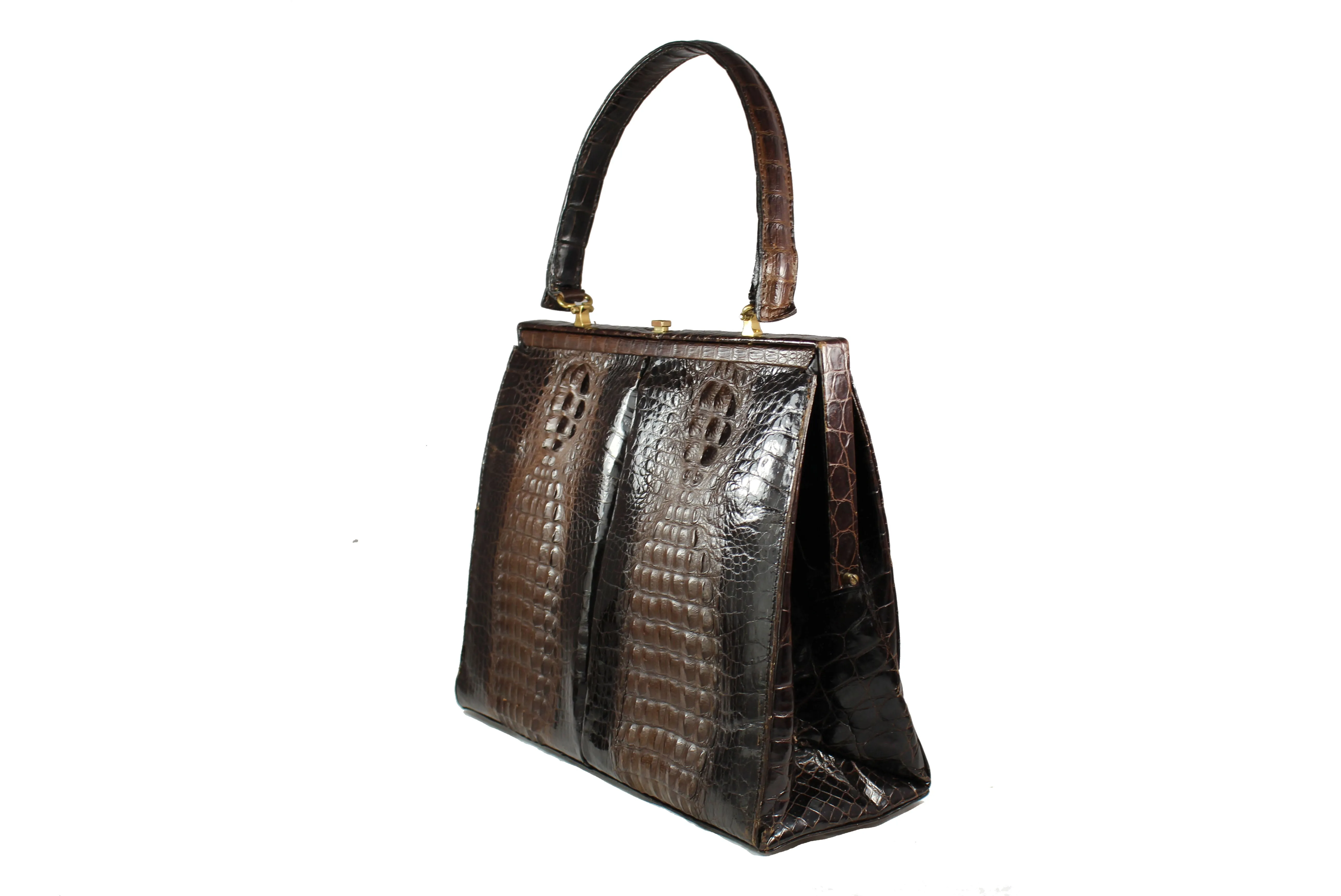 Brown double hornback baby crocodile skin handbag