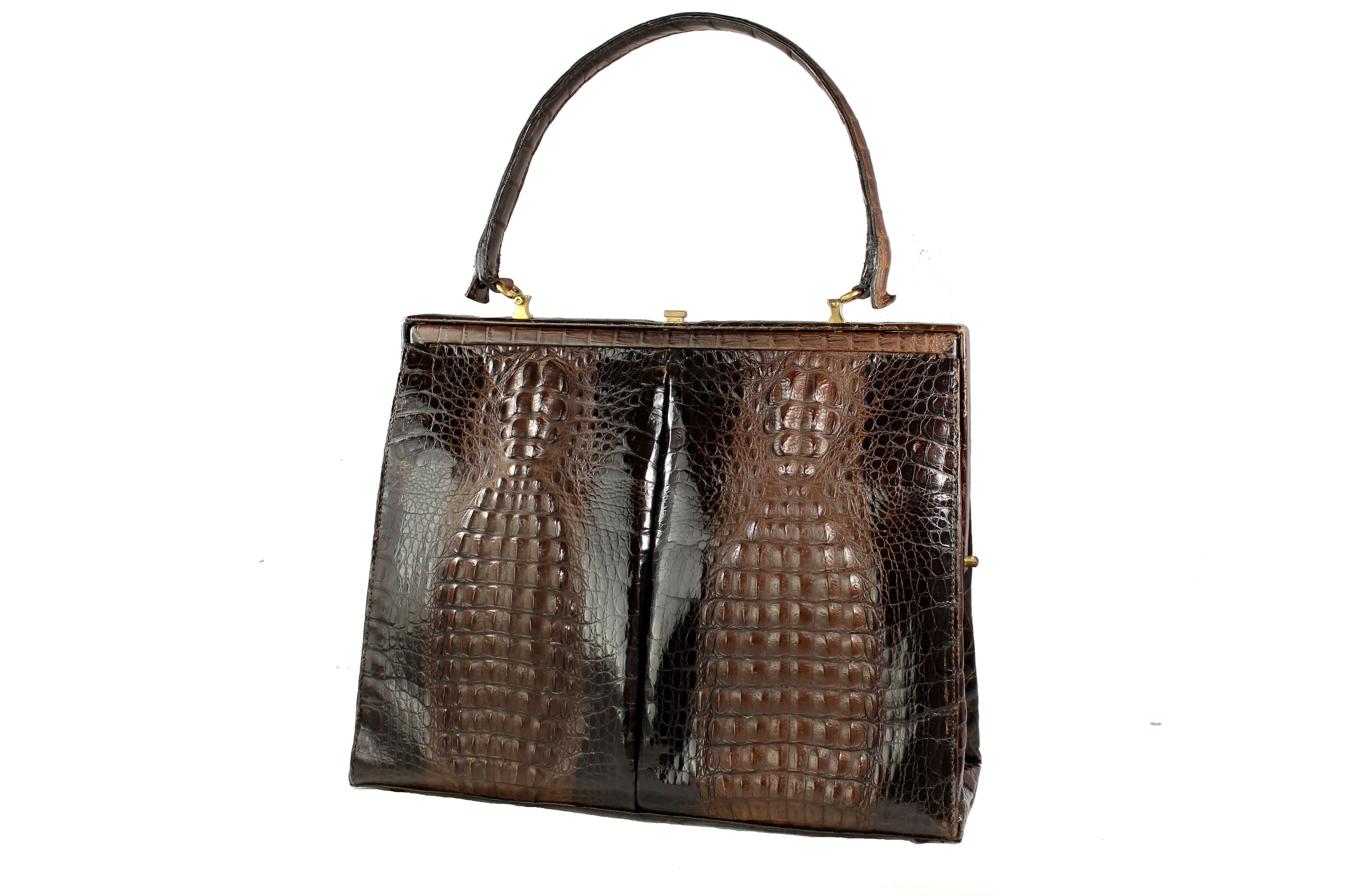 Brown double hornback baby crocodile skin handbag