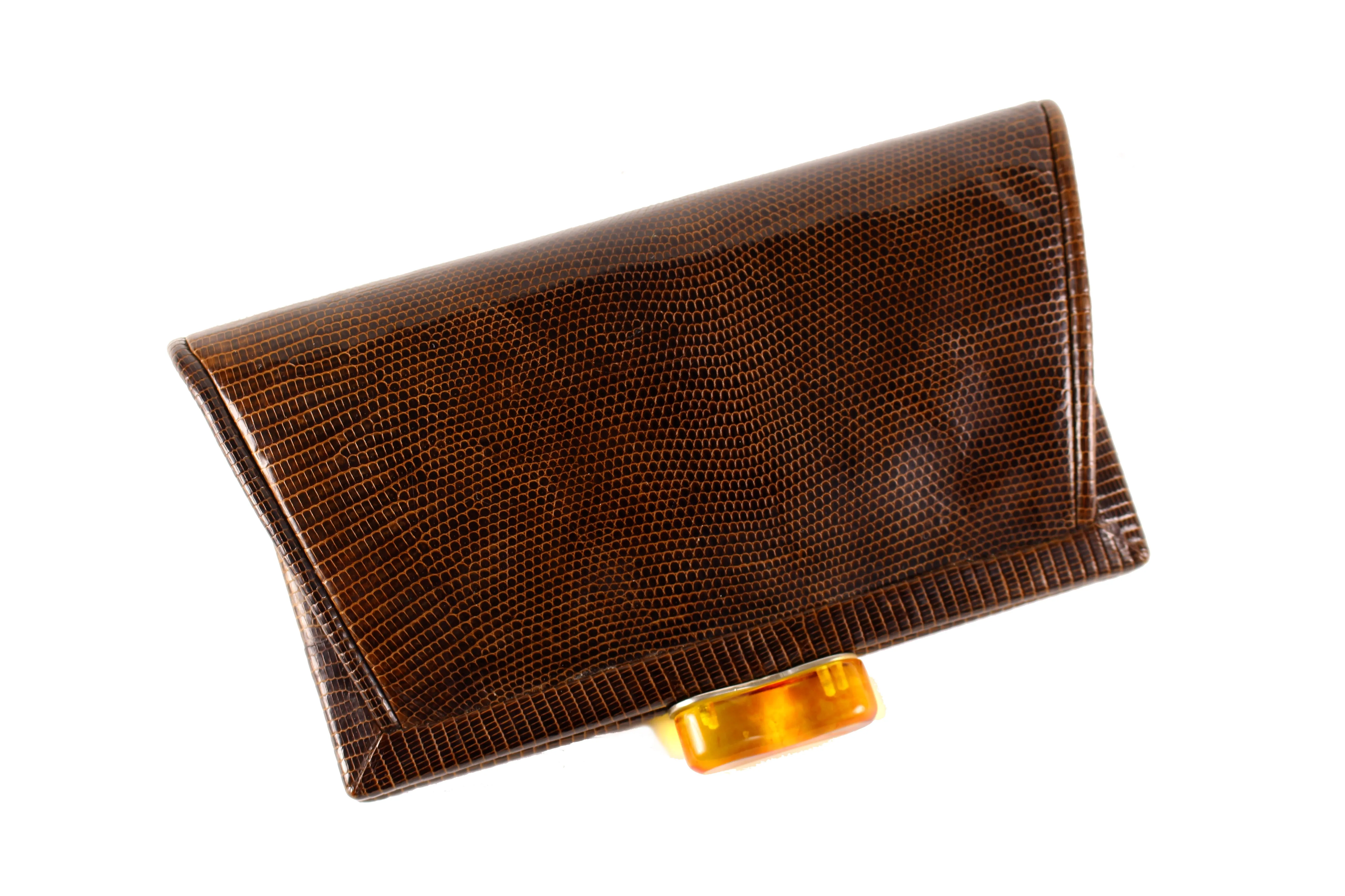 Brown lizard skin bakelite clasp clutch