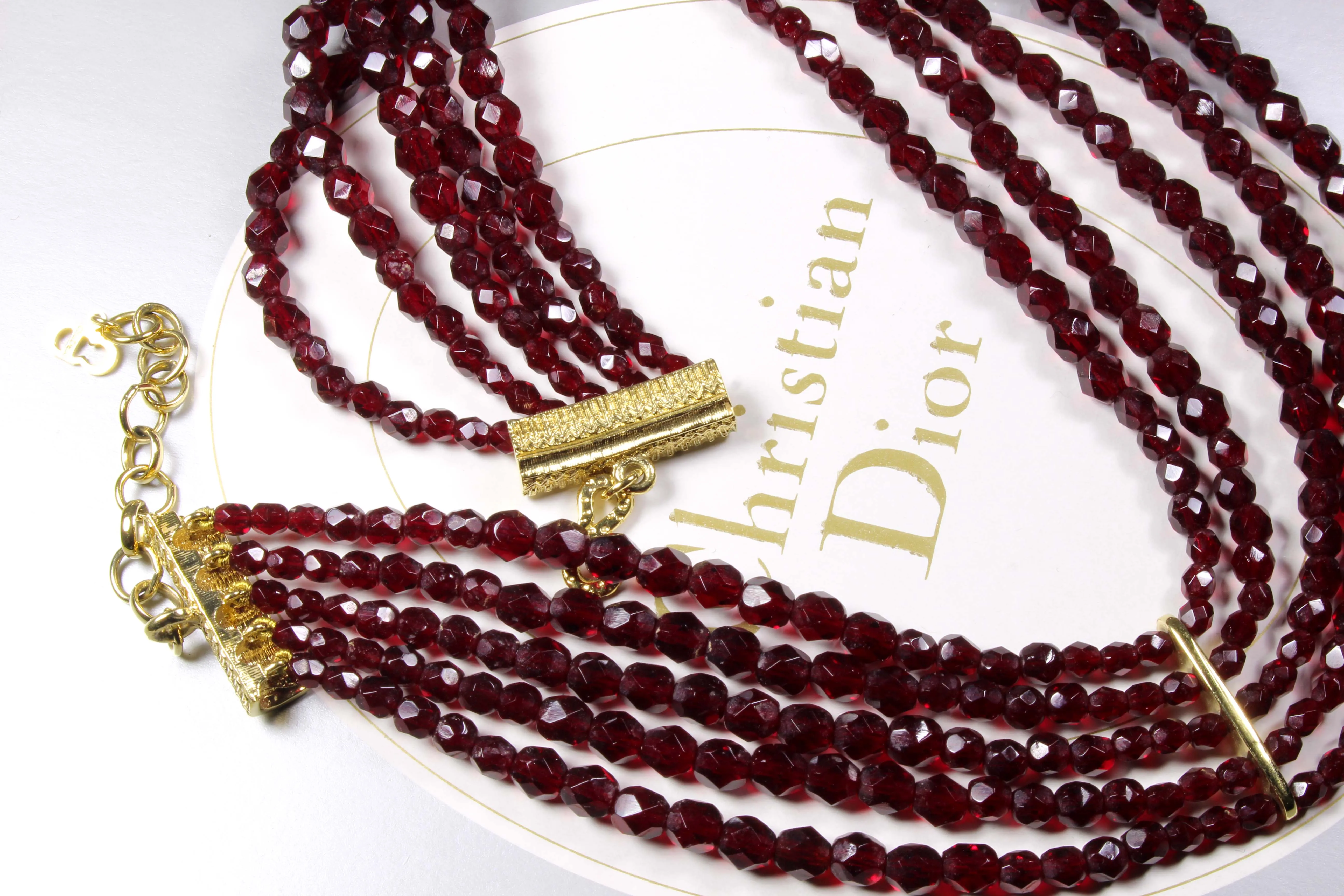 CHRISTIAN DIOR burgundy crystal faceted beads necklace