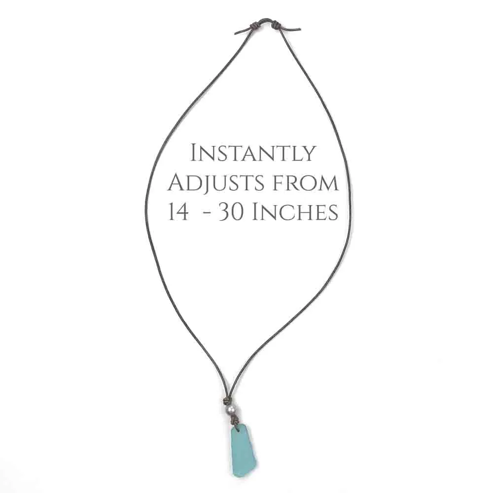 Clear Bottle Bottom Sea Glass and Freshwater Pearl Leather Necklace | #1914