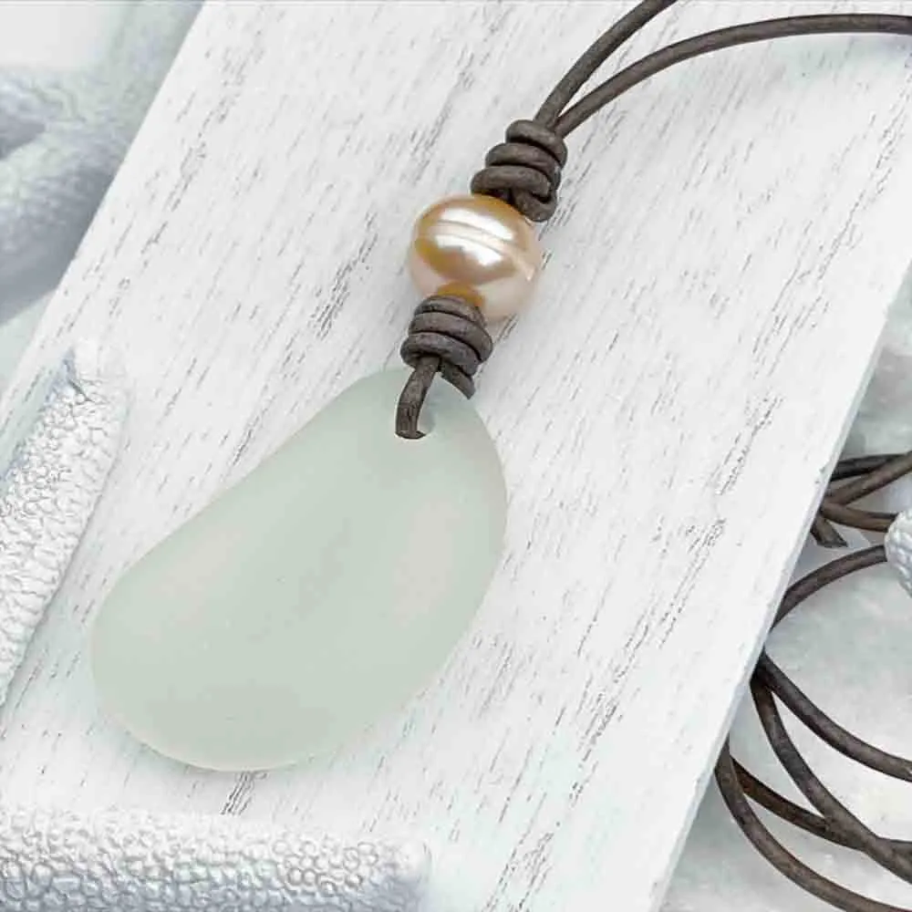 Clear Bottle Bottom Sea Glass and Freshwater Pearl Leather Necklace | #1914