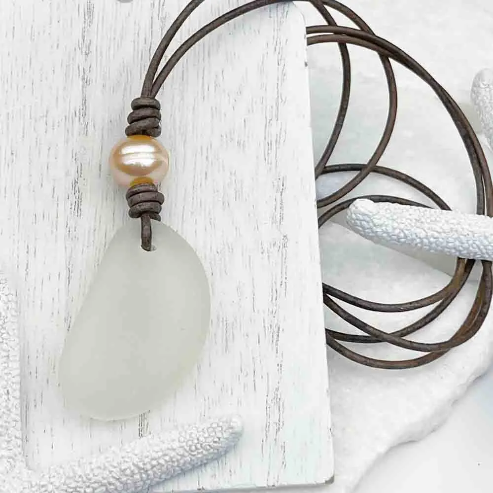 Clear Bottle Bottom Sea Glass and Freshwater Pearl Leather Necklace | #1914