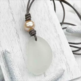 Clear Bottle Bottom Sea Glass and Freshwater Pearl Leather Necklace | #1914