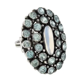 Early Retro Large Sterling Blue Zircon   Moonstone Cluster Ring