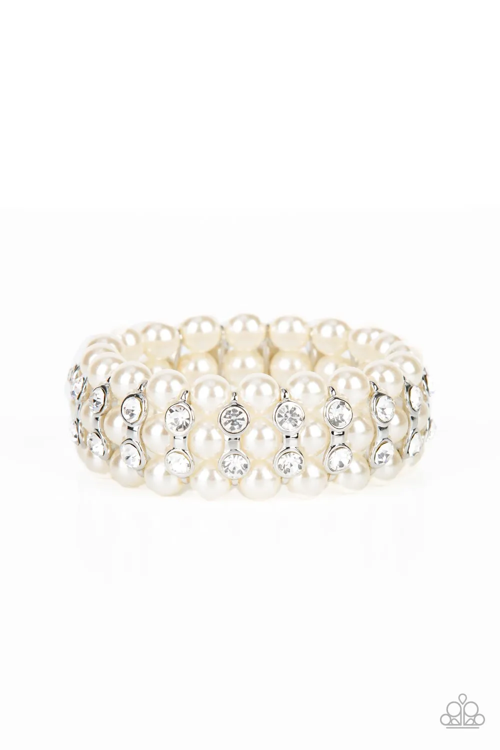 Eiffel Tower Elegance - White Pearl and Rhinestone Bracelet - Paparazzi Accessories