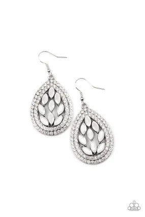 Encased Elegance Iridescent White Rhinestone Earrings - Paparazzi Accessories