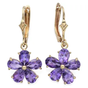 Estate 14K Yellow Gold Amethyst Floral Latchback Dangle Earrings