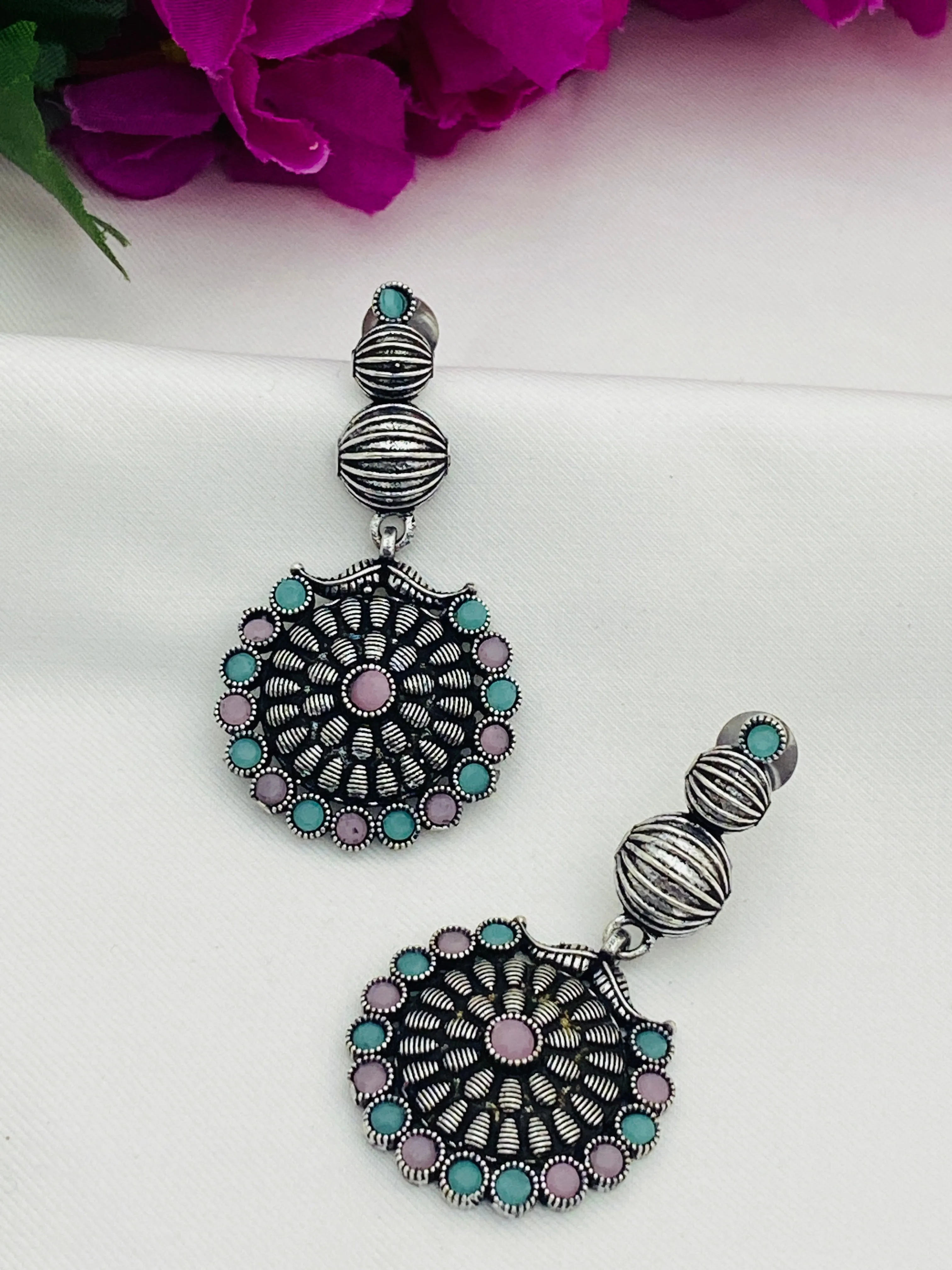 Exquisite Multicolor Stone Beaded Floral Designed Silver Toned Designer Oxidized Earrings