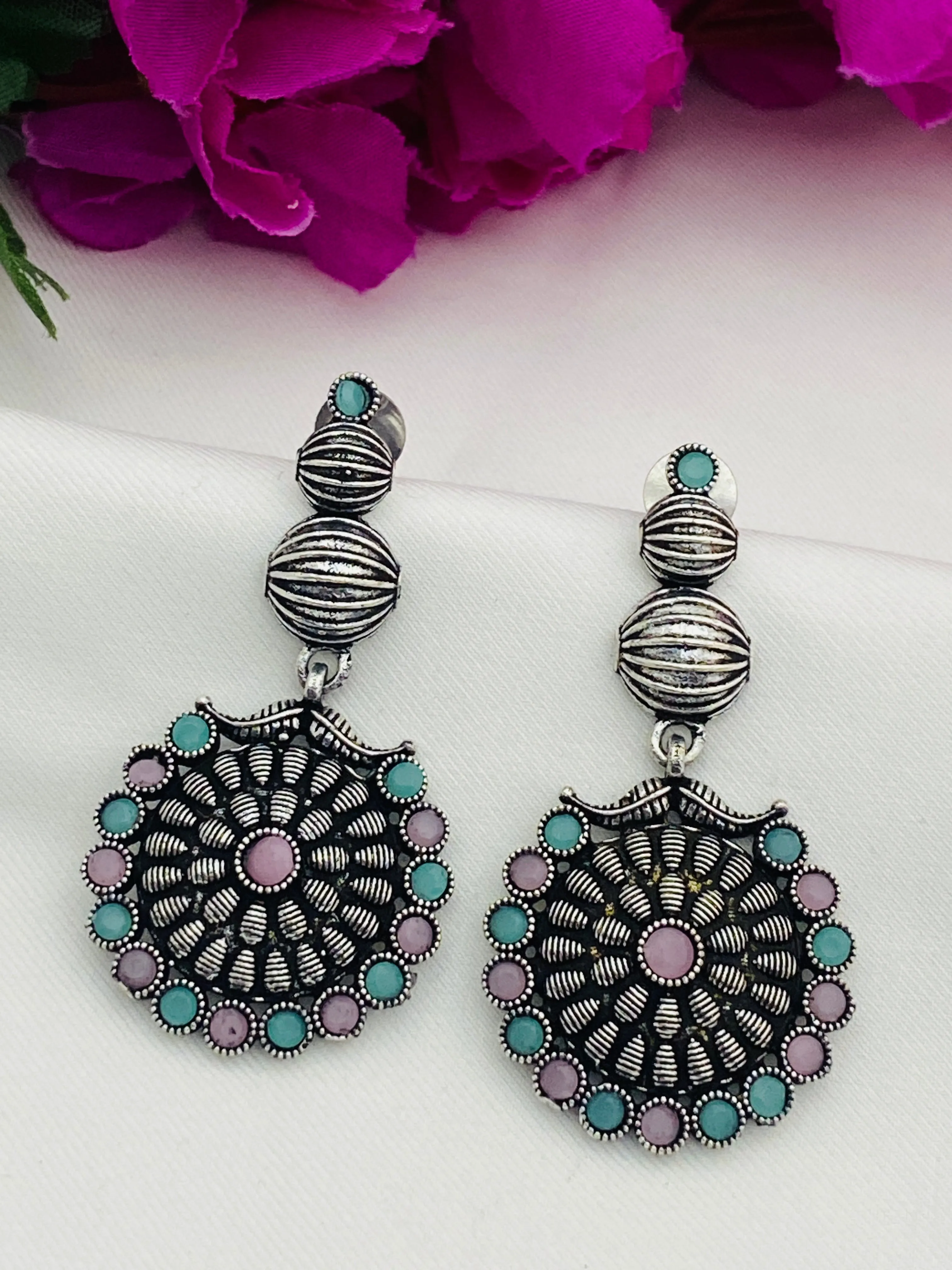 Exquisite Multicolor Stone Beaded Floral Designed Silver Toned Designer Oxidized Earrings