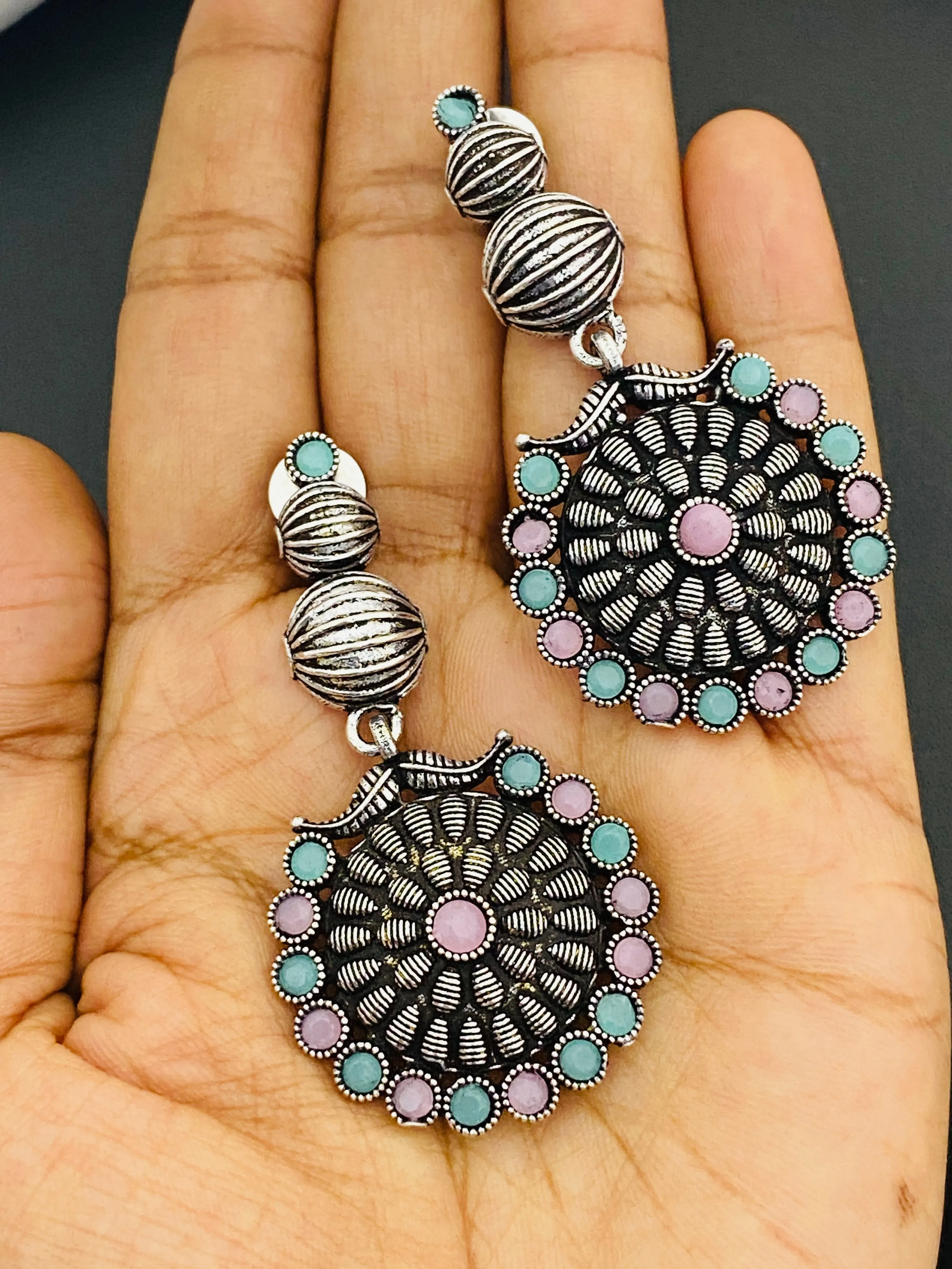 Exquisite Multicolor Stone Beaded Floral Designed Silver Toned Designer Oxidized Earrings