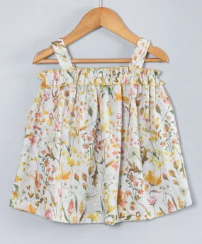 Floral print strappy top with contrast overlock detailing-White/Yellow