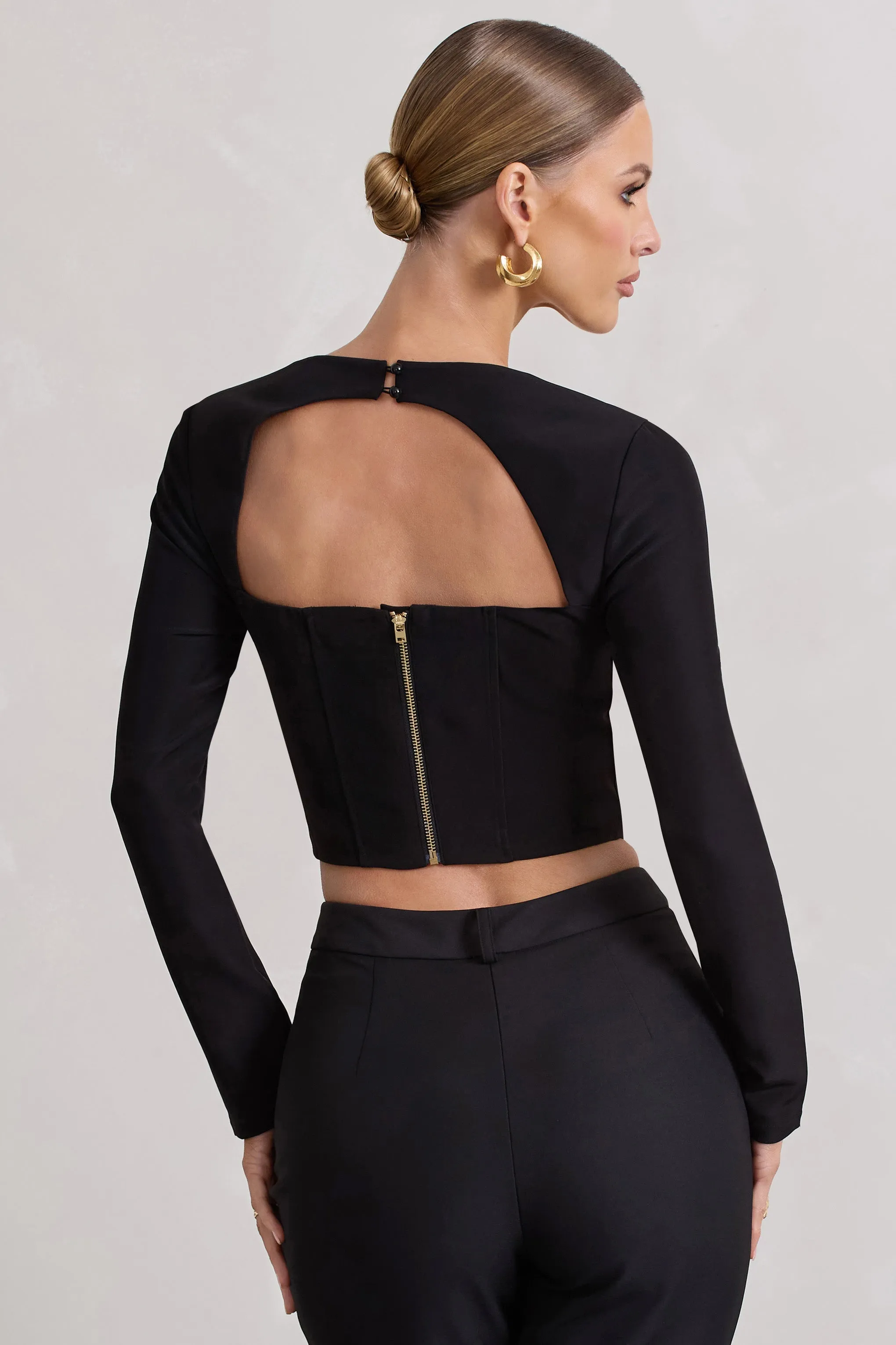 Kailey | Black Square-Neck Long-Sleeve Corset Top