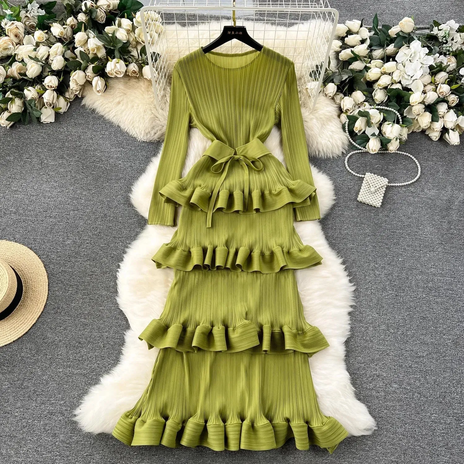 Miyake Multi-layer Cascading Pleated Dress Women O Neck Long Sleeve Solid Color Ruffles Cake Belt Dress Female Party Clothing