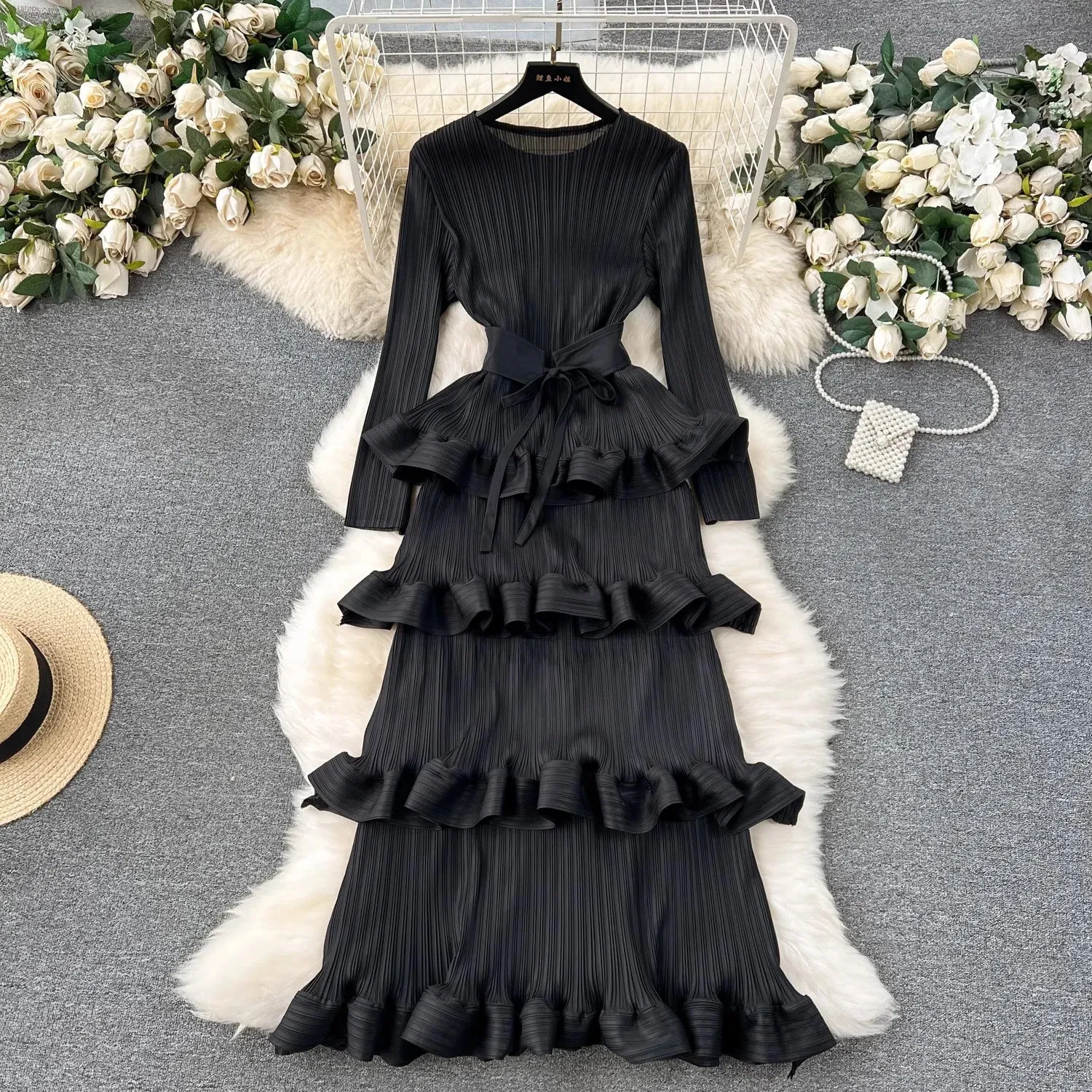 Miyake Multi-layer Cascading Pleated Dress Women O Neck Long Sleeve Solid Color Ruffles Cake Belt Dress Female Party Clothing