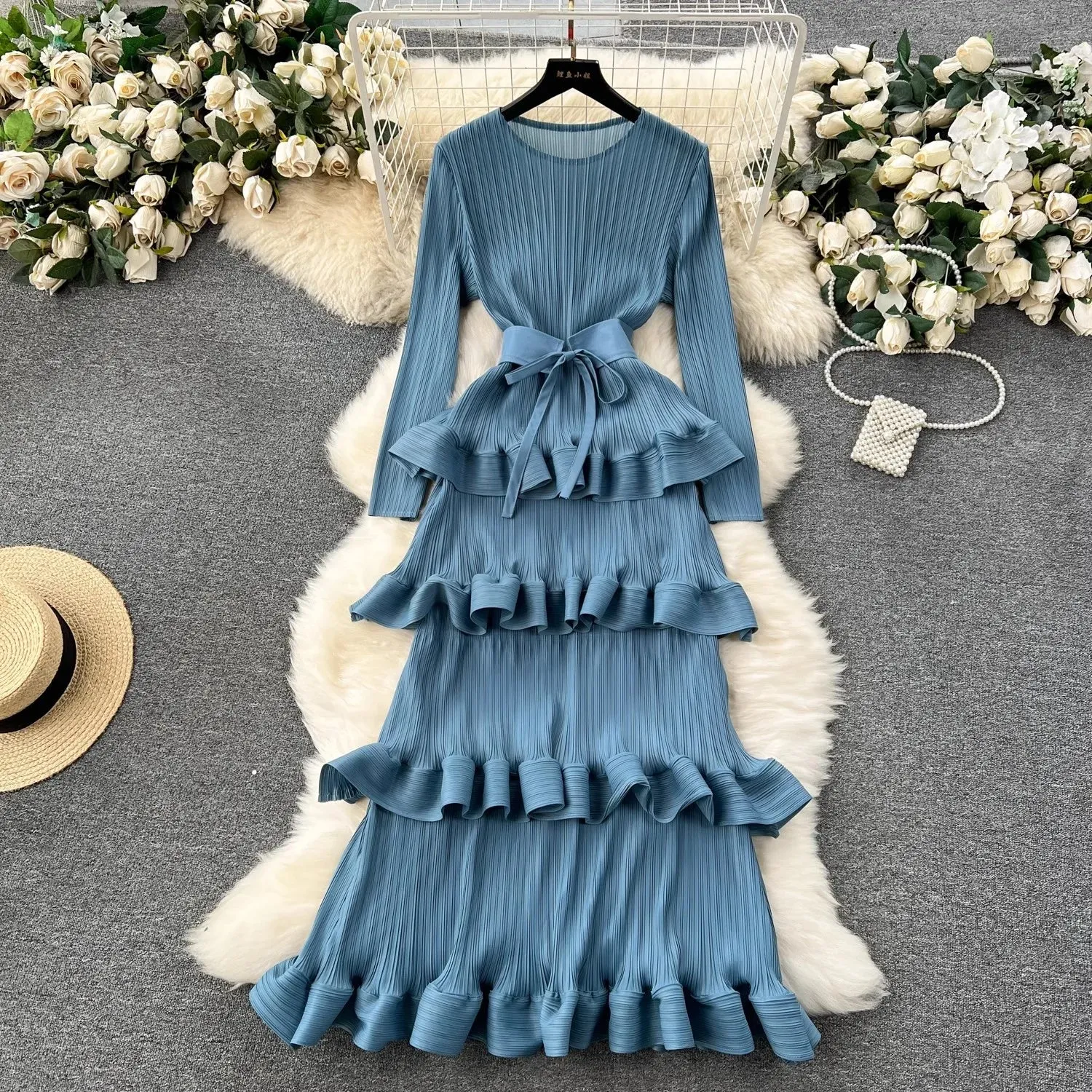 Miyake Multi-layer Cascading Pleated Dress Women O Neck Long Sleeve Solid Color Ruffles Cake Belt Dress Female Party Clothing