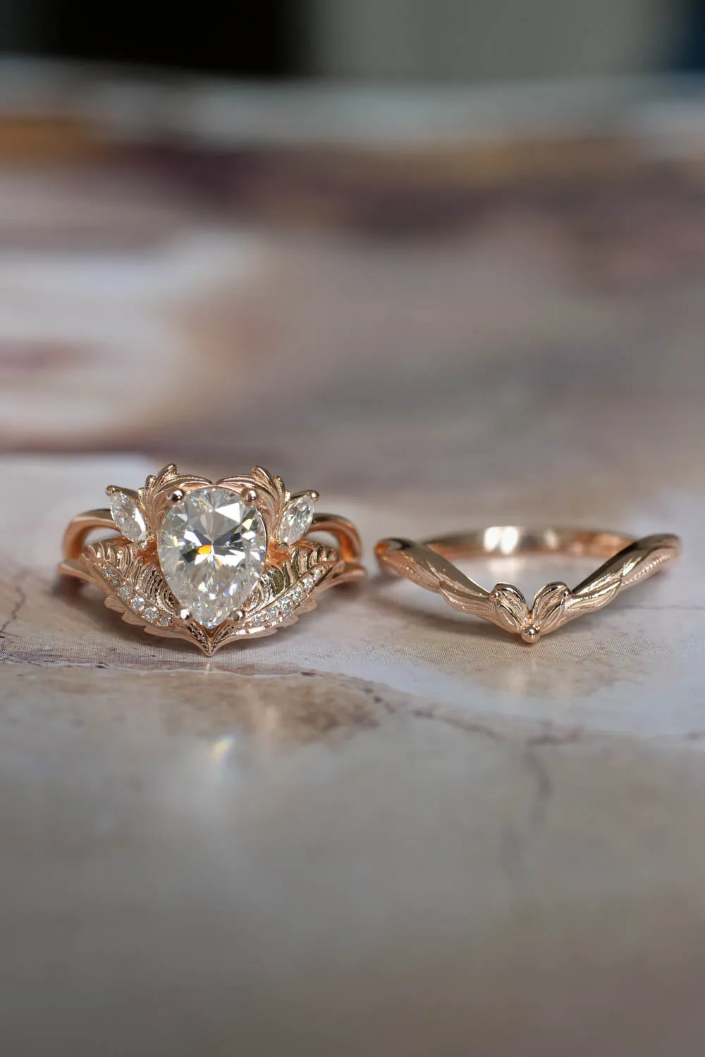 Moissanite rose gold engagement ring, pear cut / Adonis