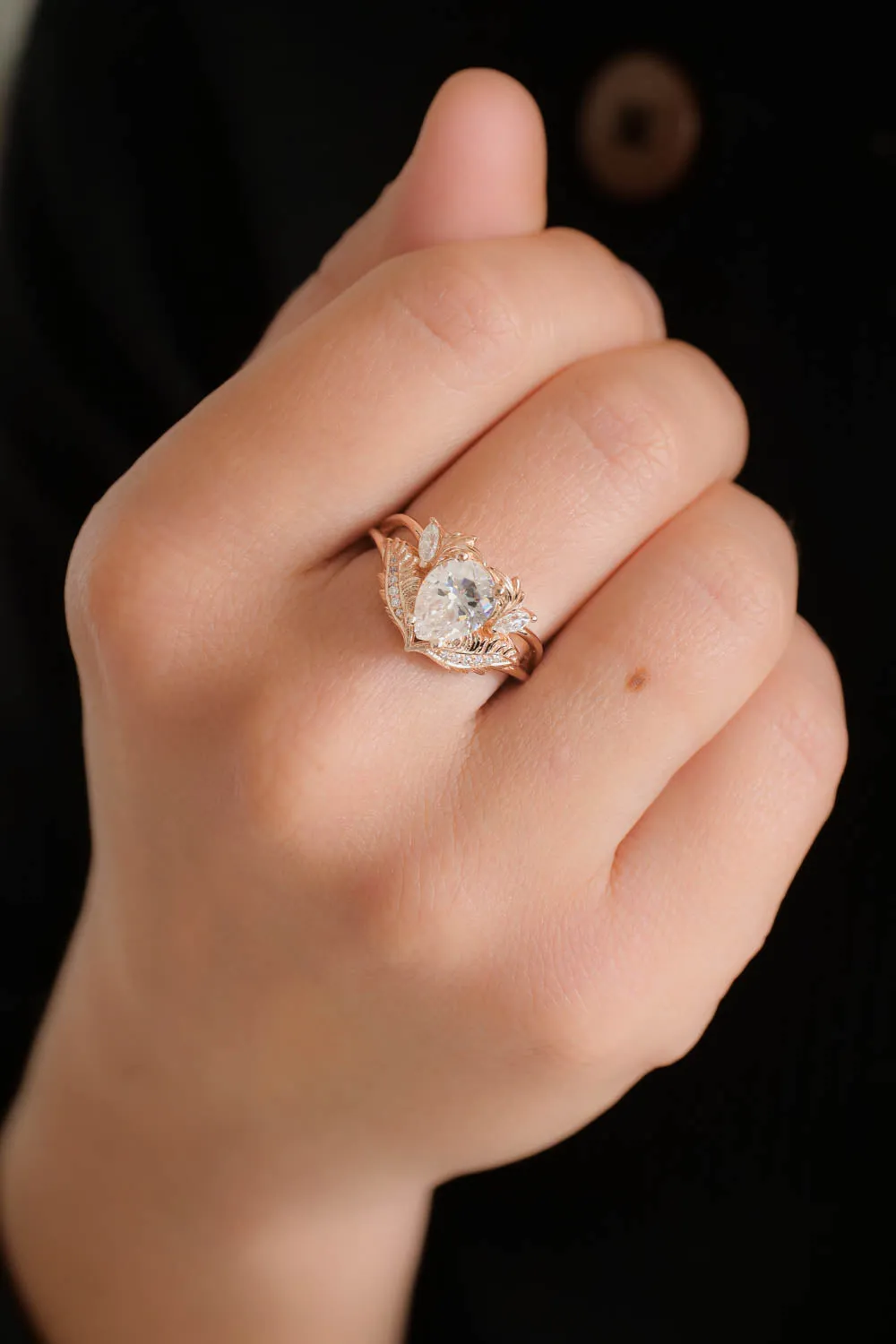 Moissanite rose gold engagement ring, pear cut / Adonis