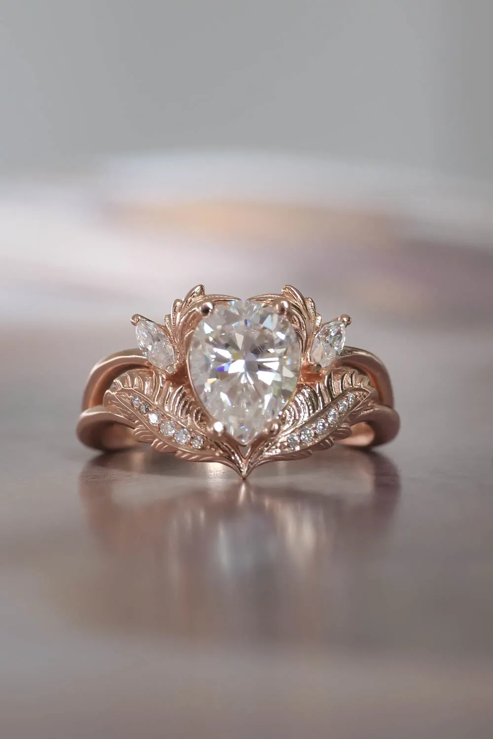 Moissanite rose gold engagement ring, pear cut / Adonis