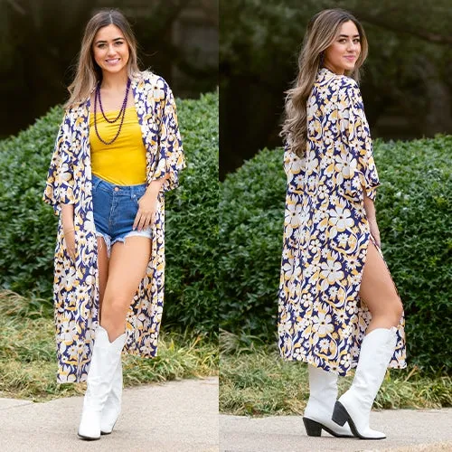 Navy Kimono with Yellow and White floral print