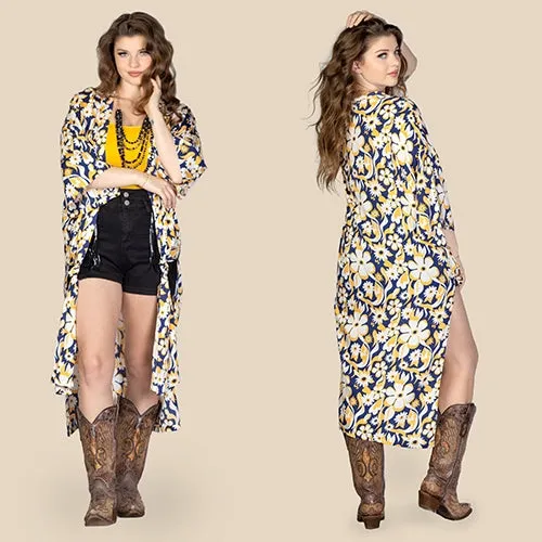 Navy Kimono with Yellow and White floral print