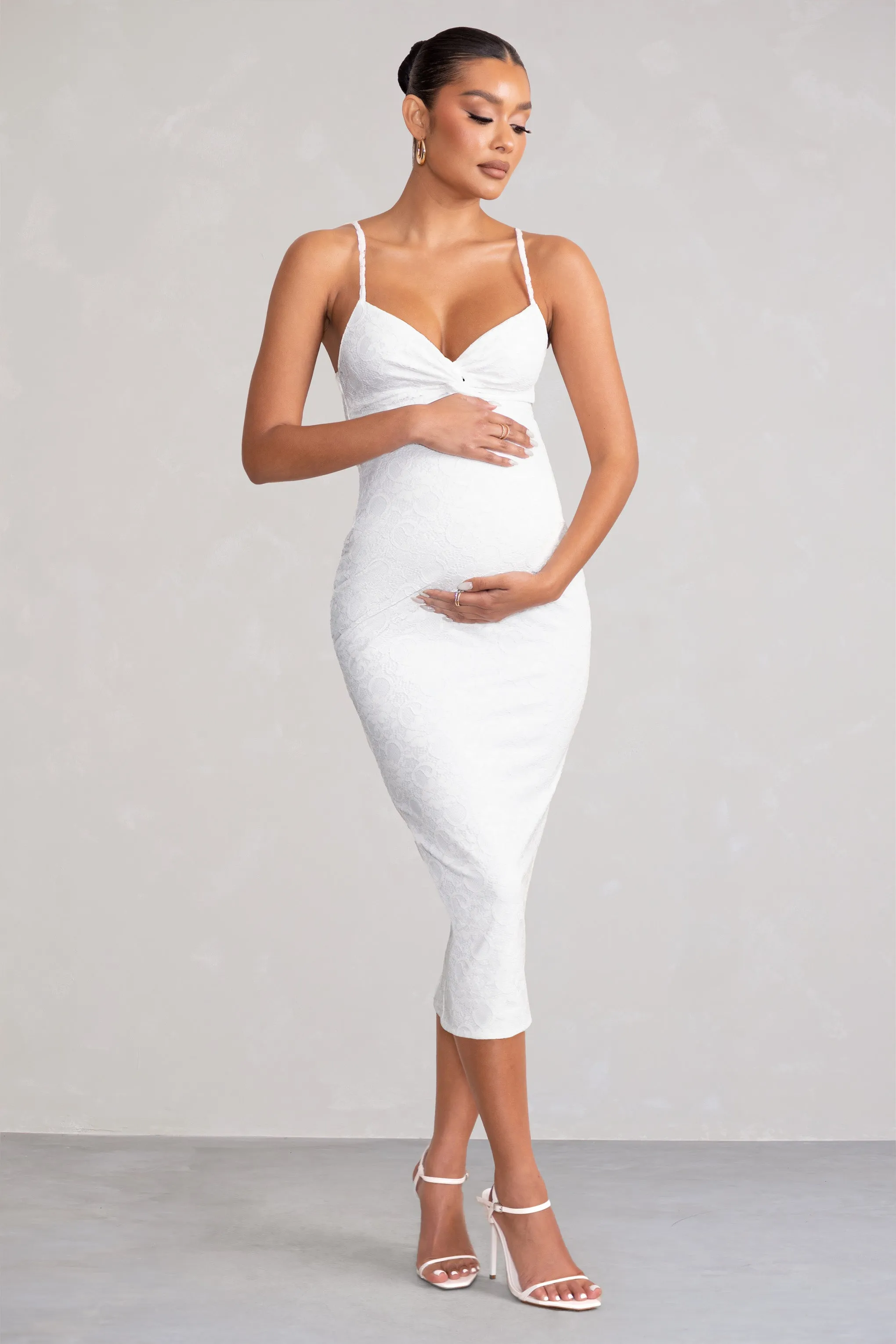 Nelly | White Maternity Cami Midi Dress with Twist Plunge