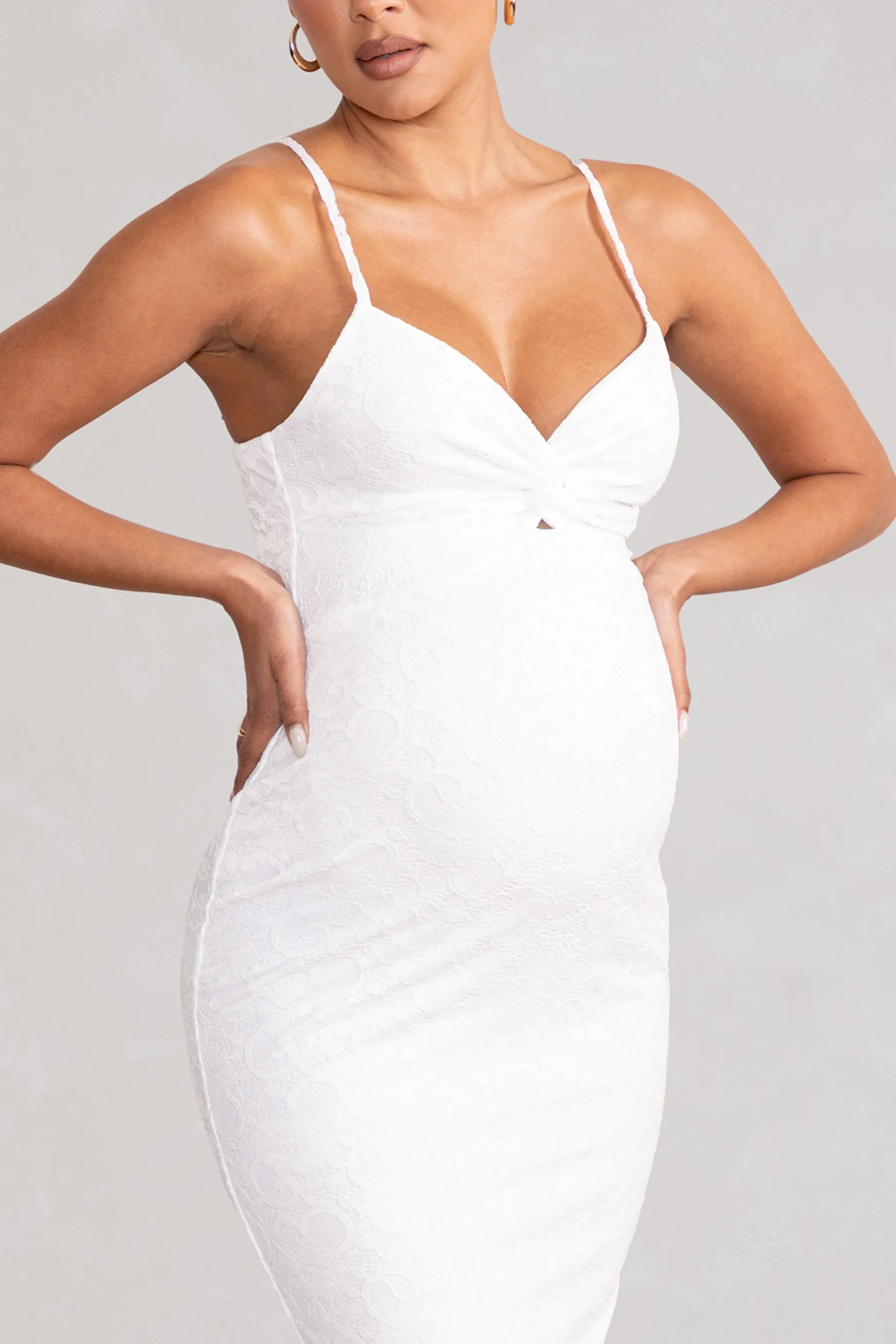 Nelly | White Maternity Cami Midi Dress with Twist Plunge