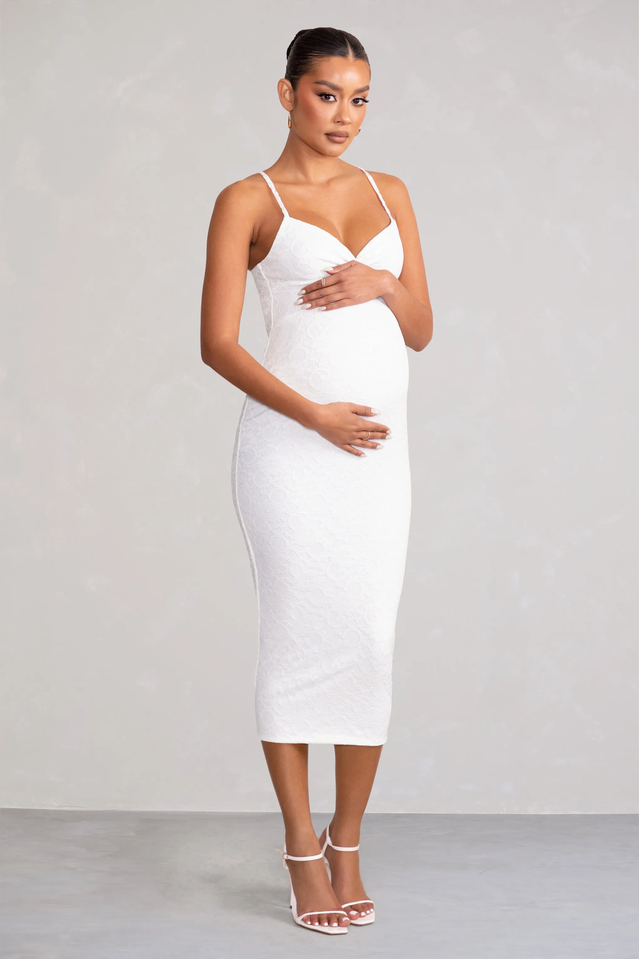 Nelly | White Maternity Cami Midi Dress with Twist Plunge