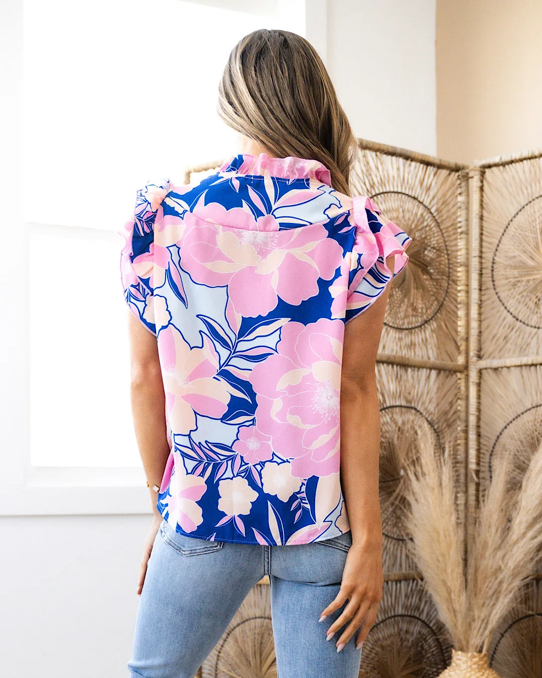 NEW! So Sweet Pink and Royal Blue Floral Flutter Sleeve Top