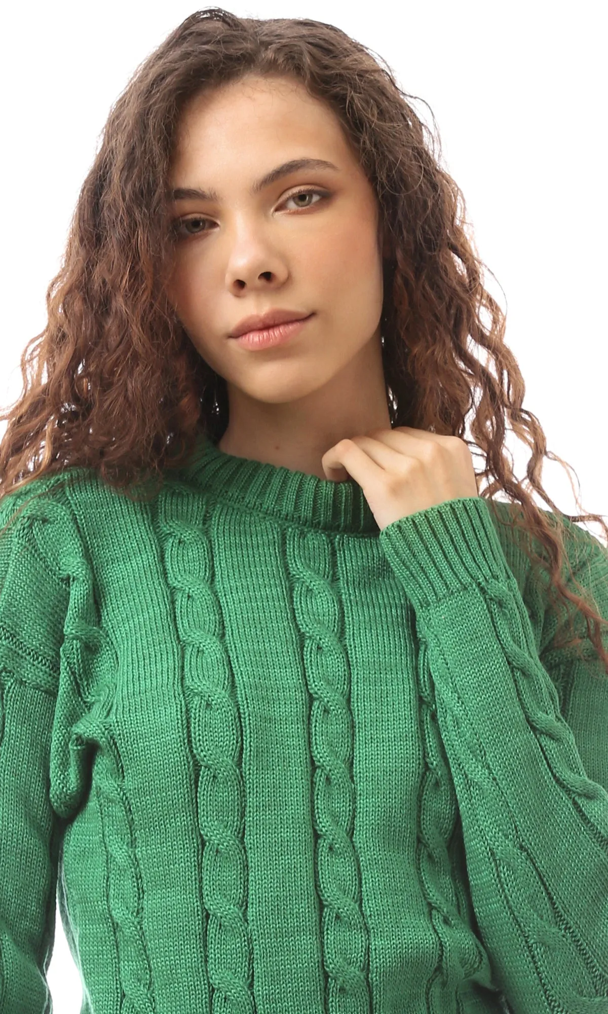 O169347 Knitted Slip On Round Neck Green Pullover