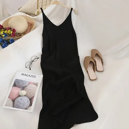 OCEANLOVE V Neck Solid Knitted Dresses Casual All Match Simple Fashion Korean Women Dress Elegant Vestidos New Clothes 15517