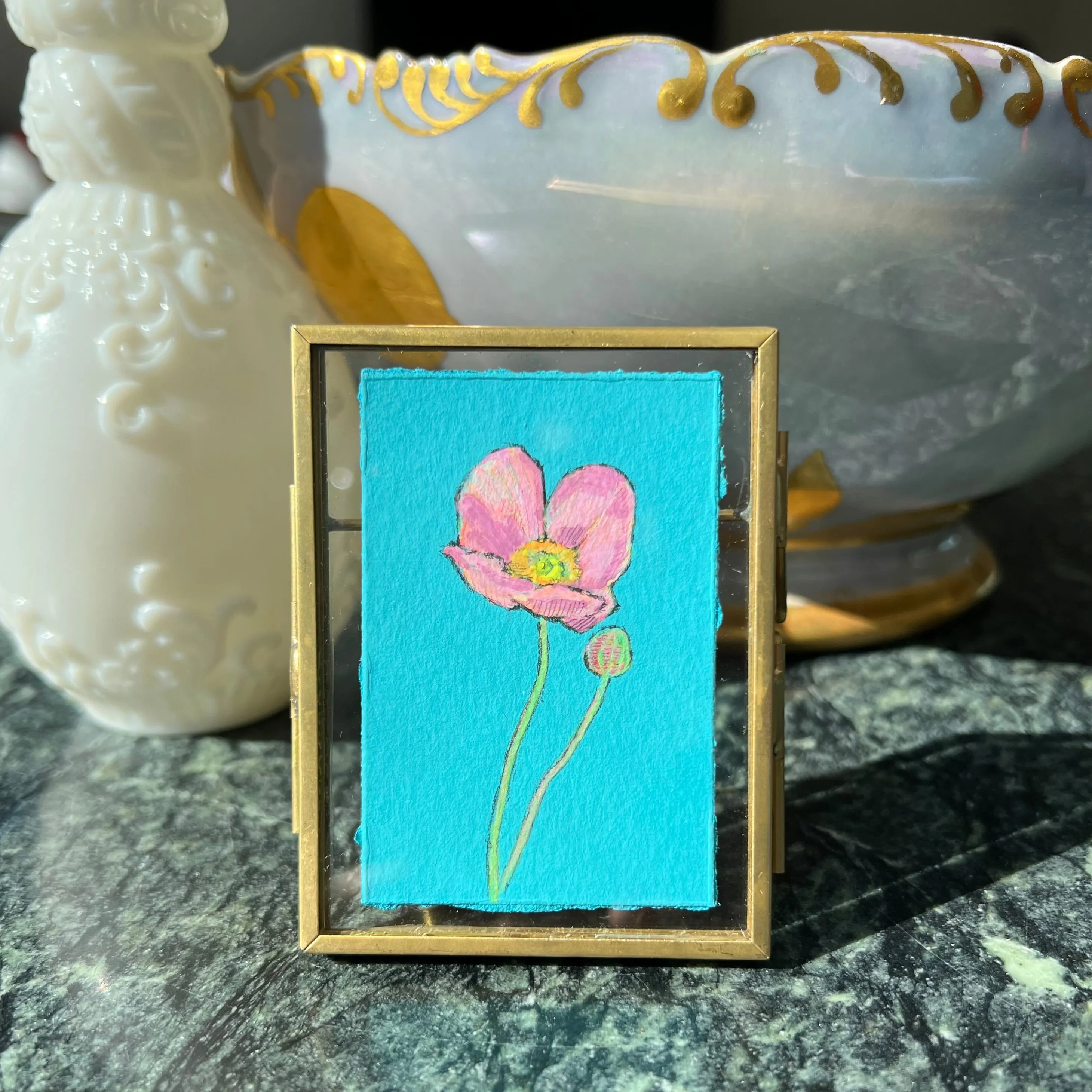 Pink Poppy on Aqua Blue