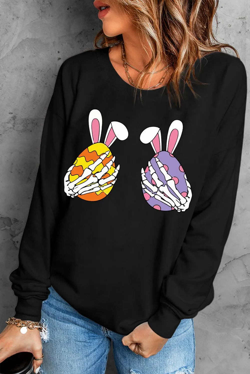 Skull Easter Print Sweatshirt Crew Neck Pullover Tops for Women