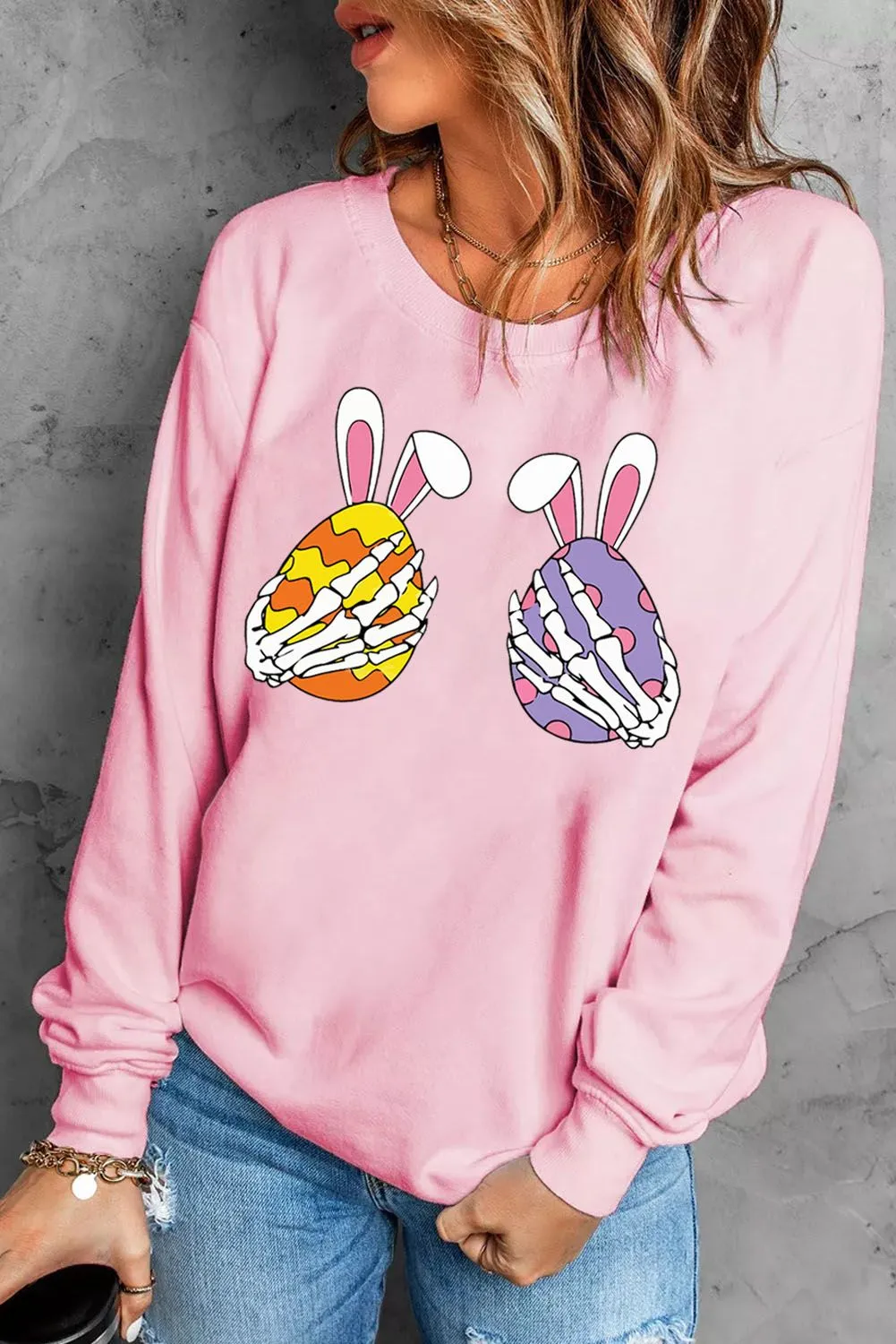 Skull Easter Print Sweatshirt Crew Neck Pullover Tops for Women