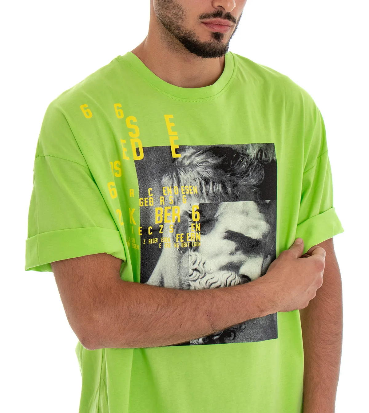 T-shirt Uomo Maglia Maniche Corte Over Size Tinta Unita Verde Acido Stampa Girocollo GIOSAL