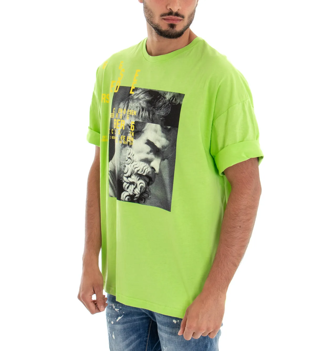 T-shirt Uomo Maglia Maniche Corte Over Size Tinta Unita Verde Acido Stampa Girocollo GIOSAL