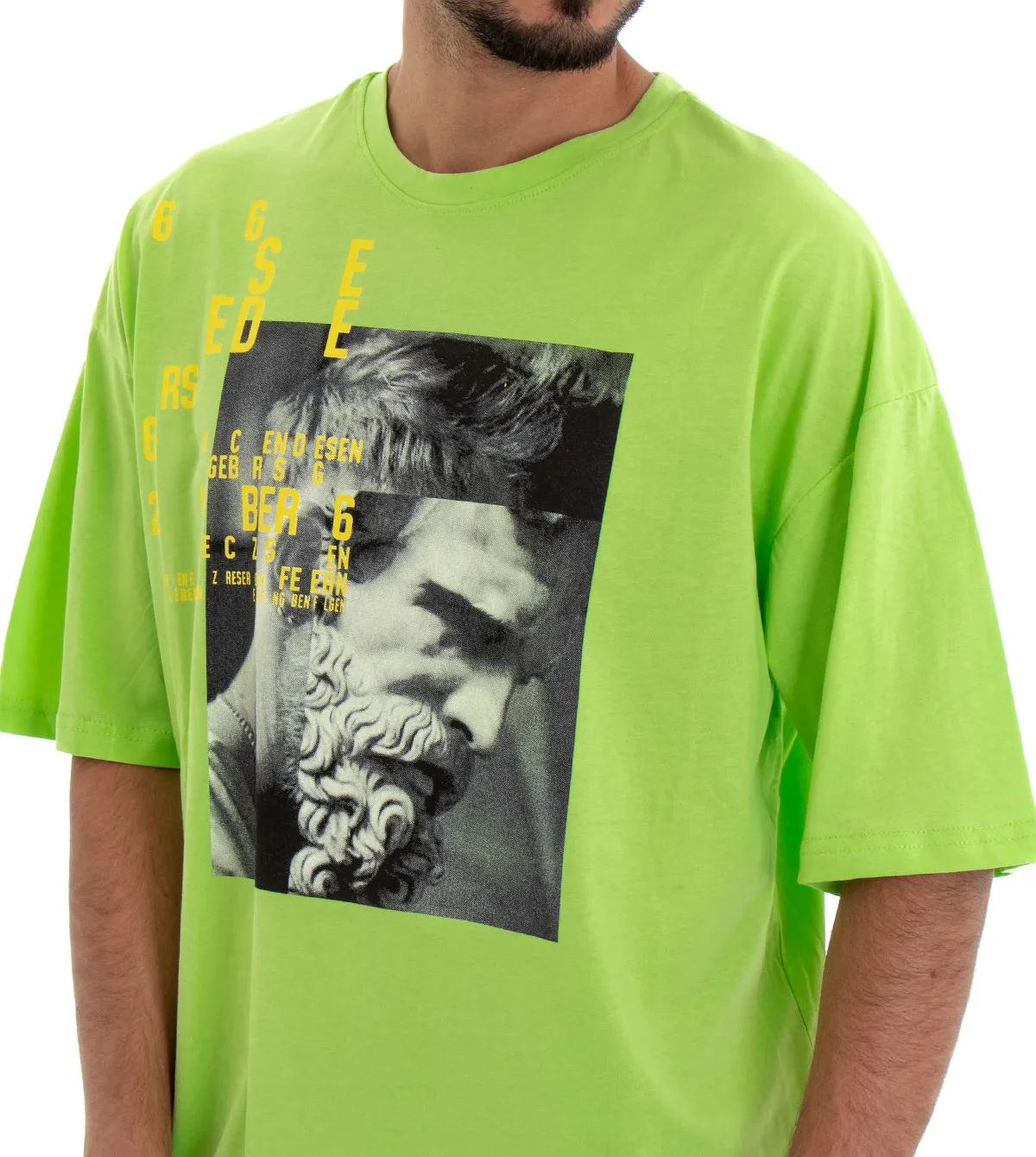 T-shirt Uomo Maglia Maniche Corte Over Size Tinta Unita Verde Acido Stampa Girocollo GIOSAL