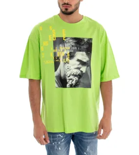 T-shirt Uomo Maglia Maniche Corte Over Size Tinta Unita Verde Acido Stampa Girocollo GIOSAL